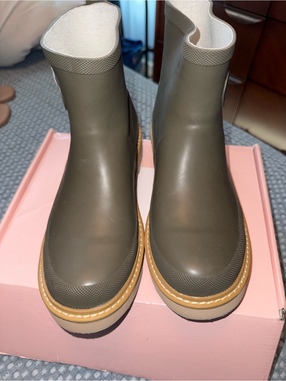 Corkys Olive Green Chelsea Rain Boots with Tan Trim